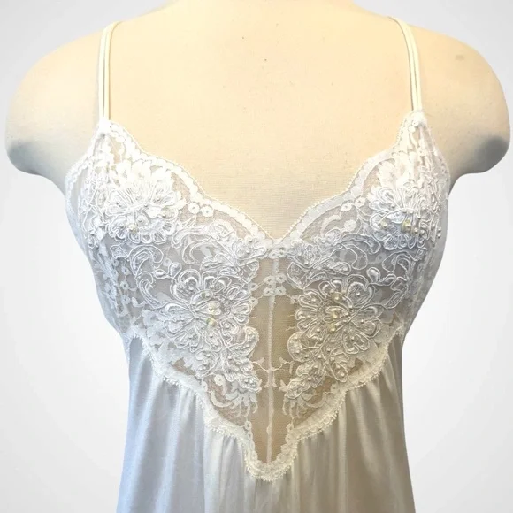 80s Victoria’s Secret Silky Nylon White Lace Vintage Bridal Maxi Gown Slip Dress - Picture 2 of 9